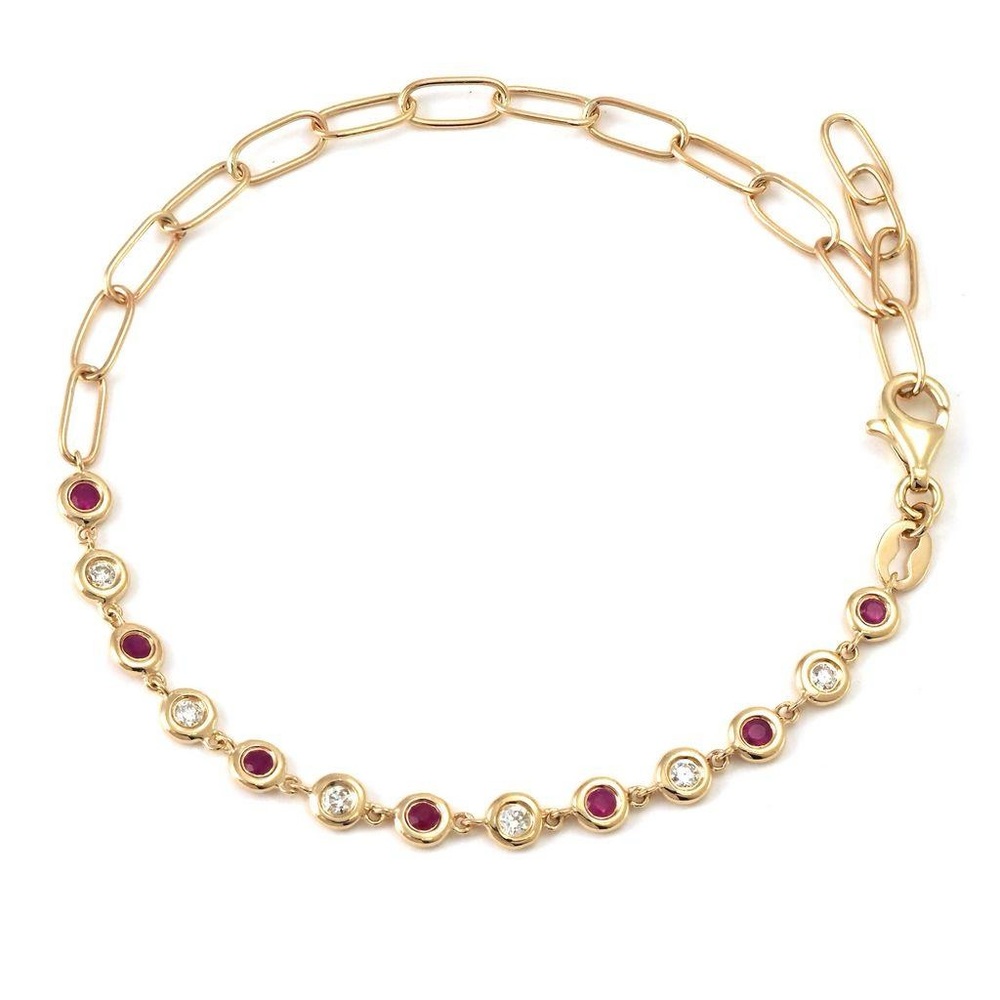 14K Real Yellow Gold Round Bezel Ruby And Diamond “Paper Clip” Bracelet